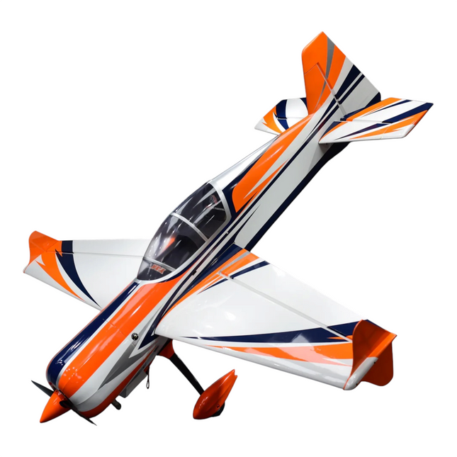 Orange, white, and blue model airplane on a white background