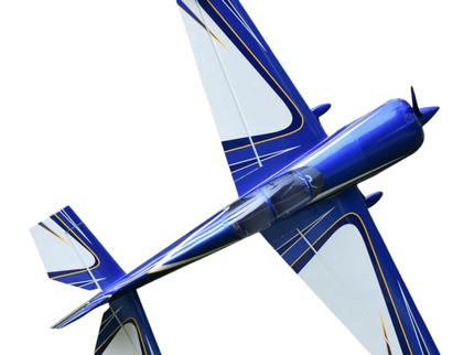 Blue and white model airplane on a white background