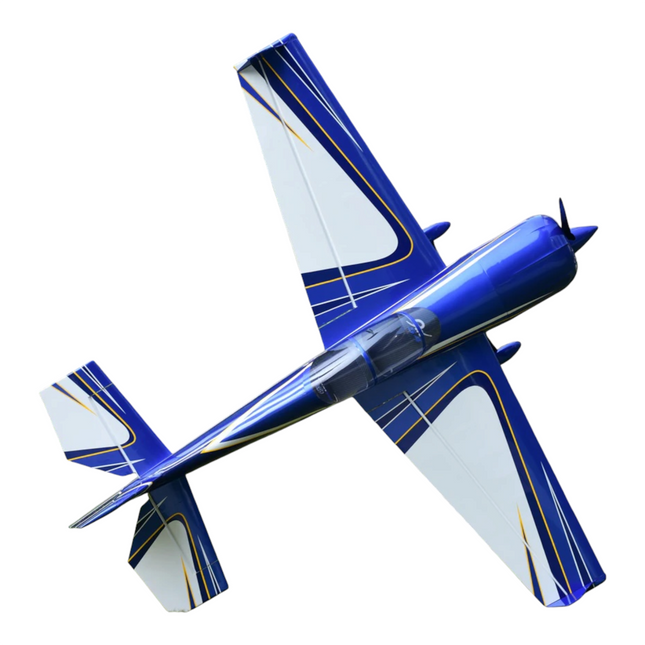 Blue and white model airplane on a white background