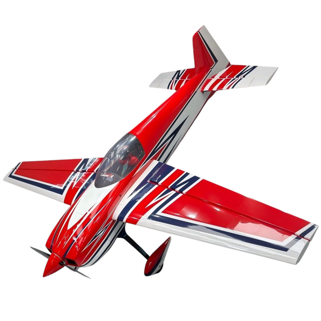 Red and white model airplane on a white background