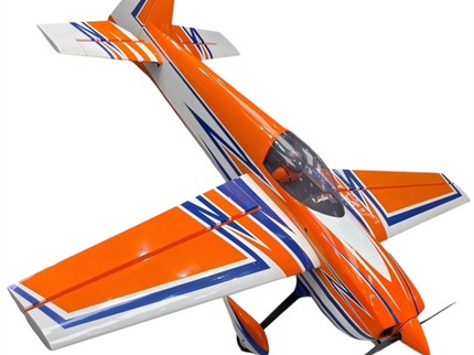 Orange and white model airplane with blue stripes on a white background