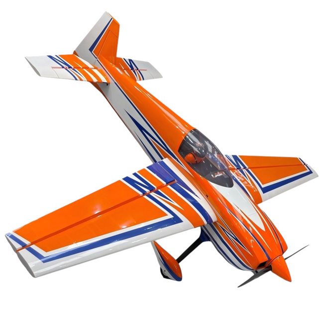Orange and white model airplane with blue stripes on a white background
