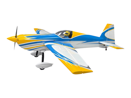 Model airplane with blue and yellow design on a white background