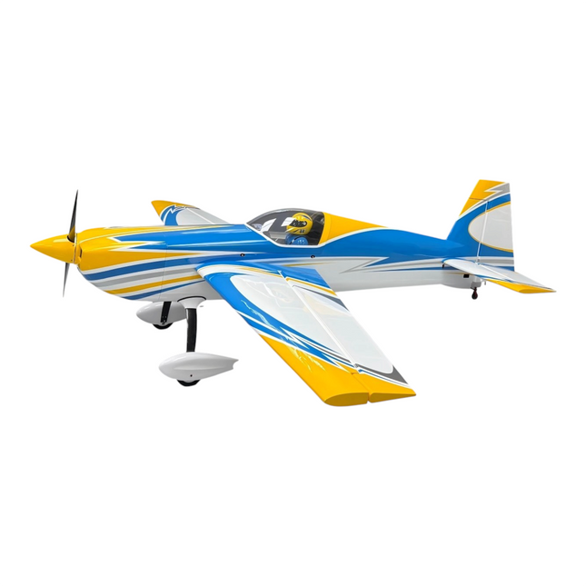 Model airplane with blue and yellow design on a white background