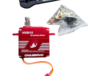 Red Chaservo brushless servo with a black servo arm and small bag of screws on a white background