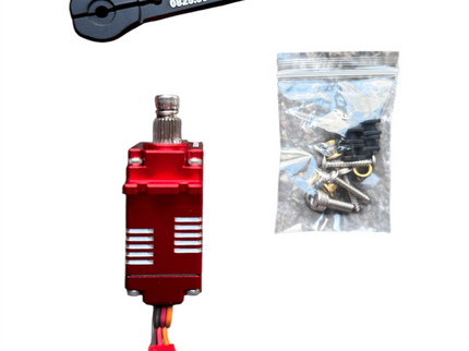 Red electronic servo with a tool and small parts on a white background