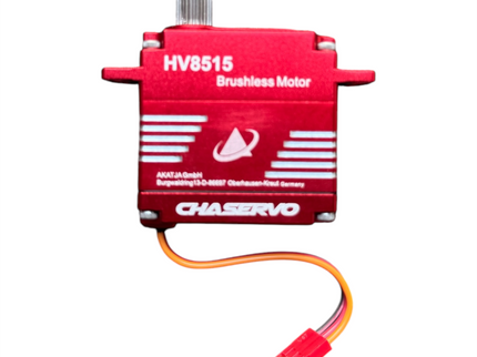 Red brushless servo with 'Chaservo' branding on a white background