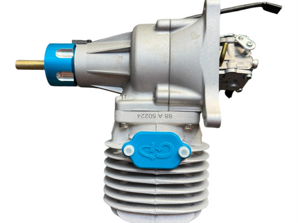 Engine component with blue and silver design on a white background