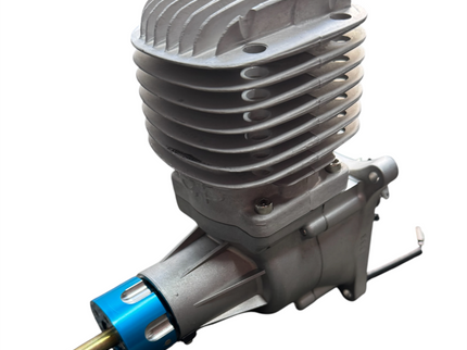 Gray engine with blue and gold components on a white background