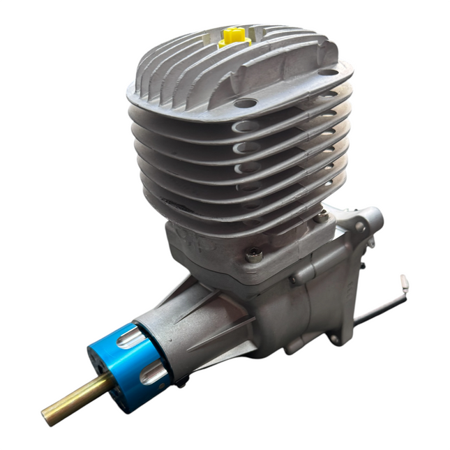 Gray engine with blue and gold components on a white background