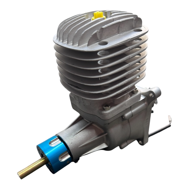 Gray engine with blue and gold components on a white background