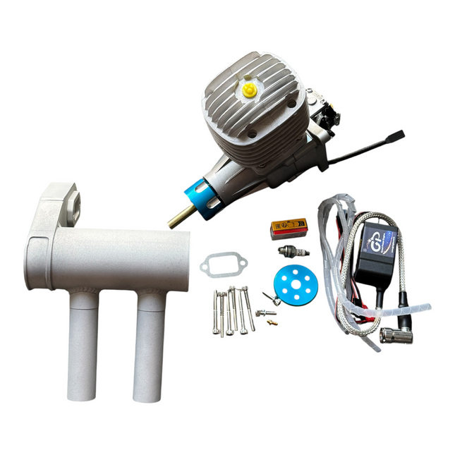 Collection of mechanical parts and tools on a white background
