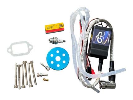 gp88 accessories pack including, exhaust gasket, bolts, prop washer, spark plug and ignition in white background 