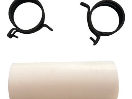 A white plastic cylindrical tube shown on a white background, with two small black ring-like hardware pieces above it.