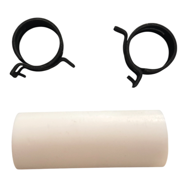 A white plastic cylindrical tube shown on a white background, with two small black ring-like hardware pieces above it.