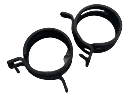 Two black METAL ring-shaped clamps with small tabs, shown on a plain white background.