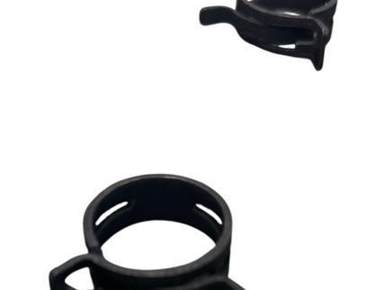 Two black METAL ring clamps with small side tabs, shown on a plain white background.