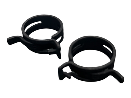 Two black METAL hose clamps on a plain white background.