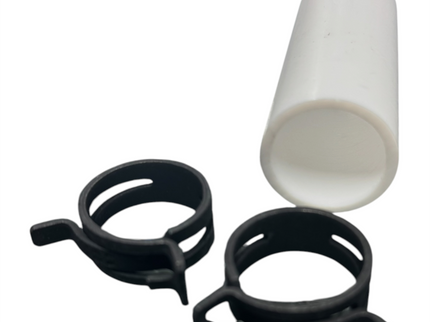 A white plastic pipe coulee or connector fitting shown next to two black METAL clamp rings on a plain white background.