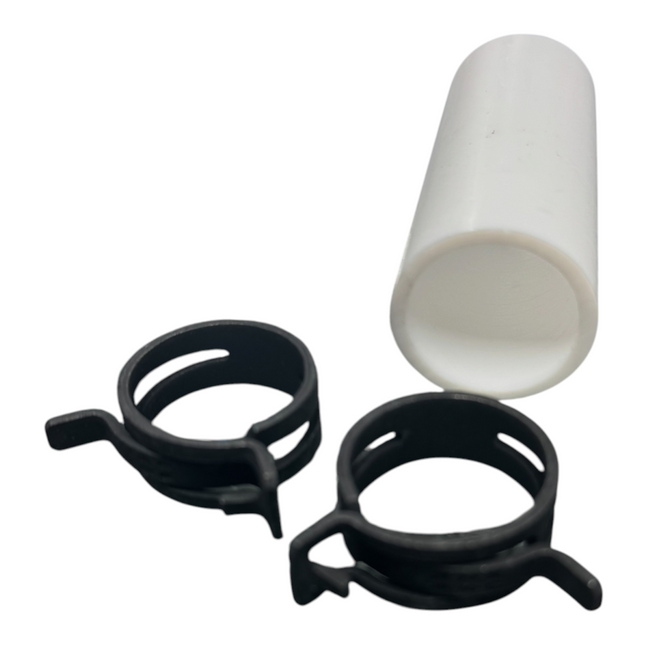 A white plastic pipe coulee or connector fitting shown next to two black METAL clamp rings on a plain white background.