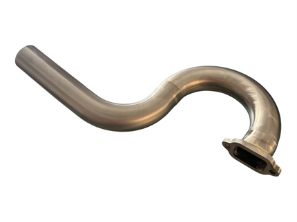 A curved stainless steel exhaust pipe or header tube with a brushed metallic finish, isolated on a white background.