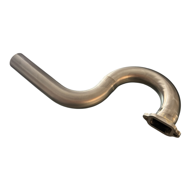 A curved stainless steel exhaust pipe or header tube with a brushed metallic finish, isolated on a white background.