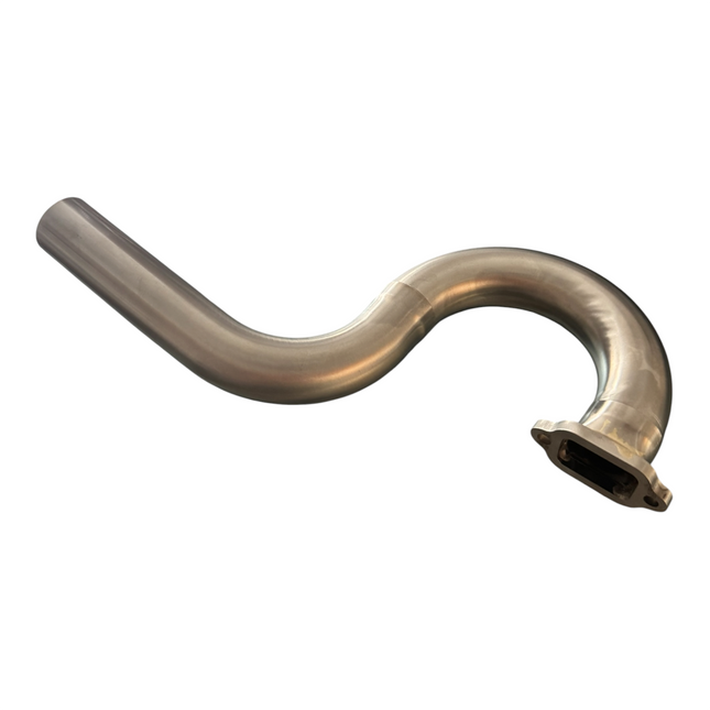 A curved stainless steel exhaust pipe or header tube with a brushed metallic finish, isolated on a white background.