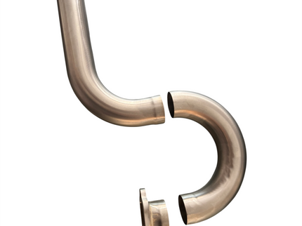 A polished stainless steel curved pipe assembly with a split section and a separate flange piece, shown on a plain white background.