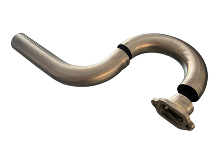 A curved stainless steel automotive pipe with a flanged end and black rubber gaskets, shown on a plain white background.