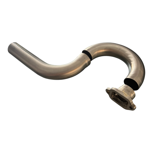 A curved stainless steel automotive pipe with a flanged end and black rubber gaskets, shown on a plain white background.