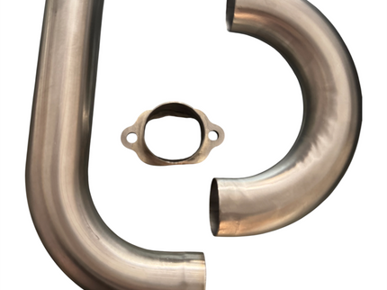 A set of stainless steel automotive pipes, including a 90-degree elbow, a 45-degree elbow, and a circular flange gasket, shown on a plain white background.