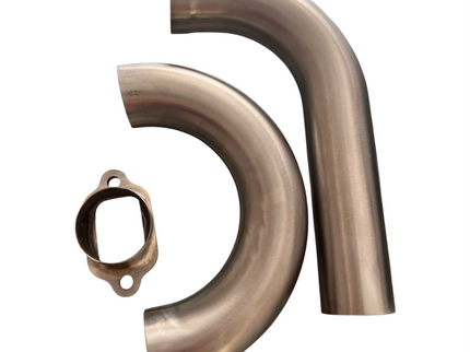 Three metallic curved pipe sections and a small circular clamp piece on a plain white background.