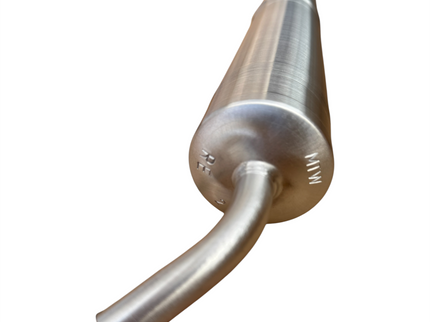 A metallic silver automotive exhaust muffler with a curved pipe section, shown on a plain white background.