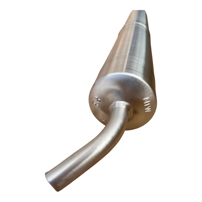 A metallic silver automotive exhaust muffler with a curved pipe section, shown on a plain white background.