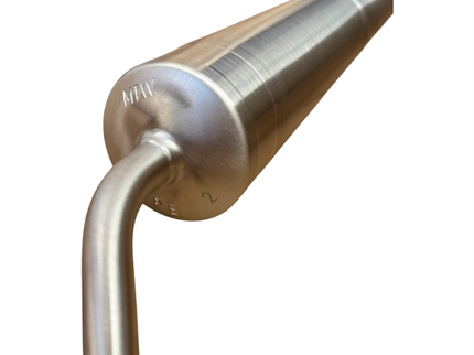 A metallic exhaust muffler with a brushed silver finish, featuring a curved pipe section and a cylindrical body with 'MTW' branding, isolated on a white background.