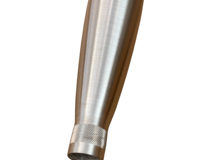 A close-up of a brushed metal cylindrical component with a knurled textured band near the open end, shown on a plain white background.
