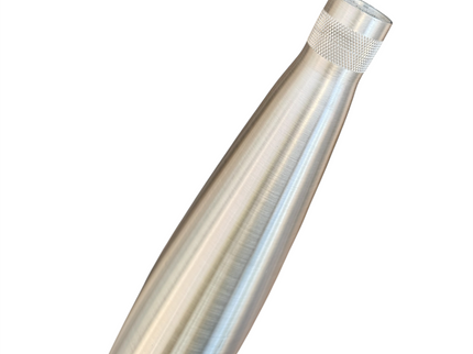 A close-up of a brushed metal cylindrical component, likely a stainless steel bottle or container neck, with a knurled textured band near the top, shown on a plain white background.