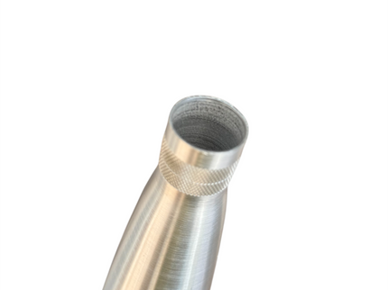 Close-up of a brushed metal cylindrical component with a knurled textured band near the open top, shown on a plain white background.