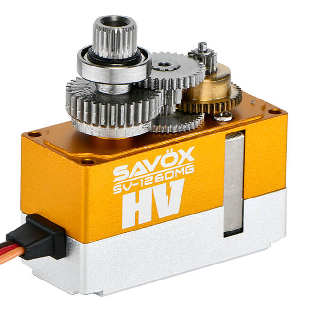 Savox servo motor with gears on a white background