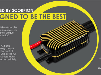Scorpion Tribunus III 14-220A ESC SBEC (Electronic Speed Controller) with branding and features on a gray background