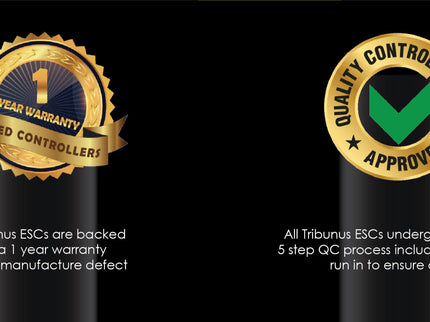 Two product certification badges on a black background with text about warranty and quality control.
