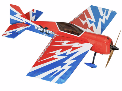 Model airplane with red, white, and blue design on a white background
