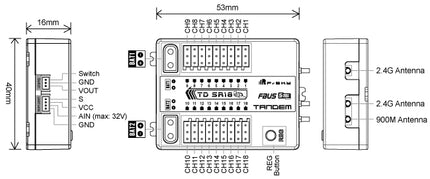 Technical diagram of a electronic module with labeled dimensions and connections.