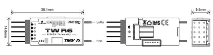 Technical diagram of a module with dimensions and connectivity labels