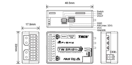 FrSky TWIN TW SR12 Receiver – 12-Channel ADV Stabiliser, Dual 2.4GHz & Telemetry