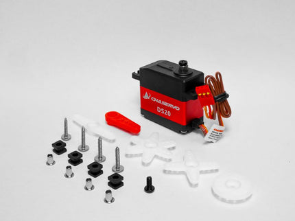 Chasero D520 servo motor with screws and parts on a white background