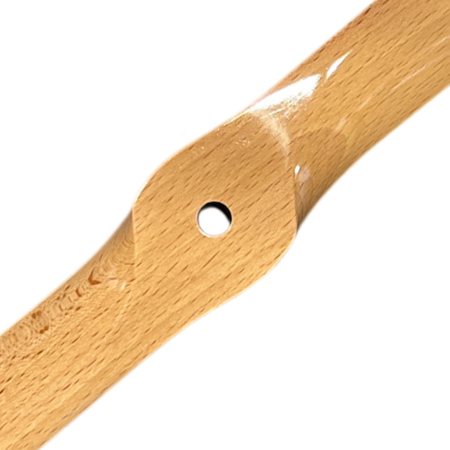 Close-up of a wooden PROPELLER HUB  with a hole in the center on a white background