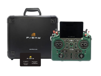 FrSky radio control system with controller, case, and remote on a white background