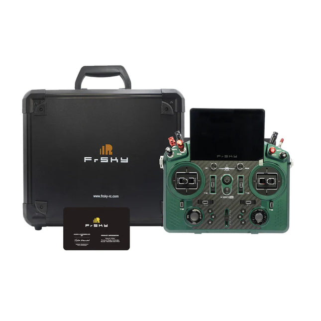 FrSky radio control system with controller, case, and remote on a white background
