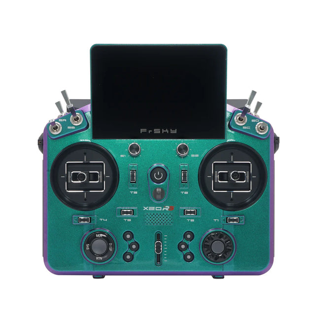 Green and purple radio control transmitter with screen on a white background